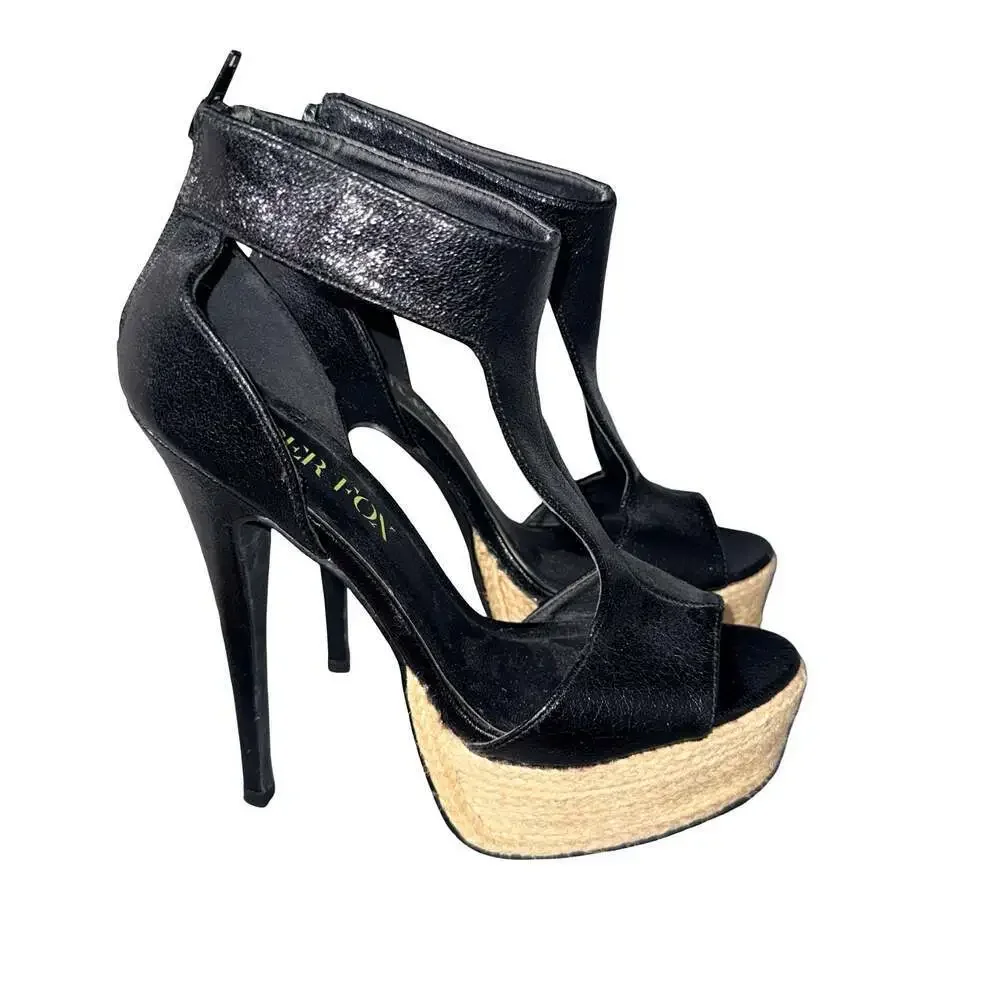 Paper Fox Shaya Black T-Strap Espadrille Platform Heels size 7.5